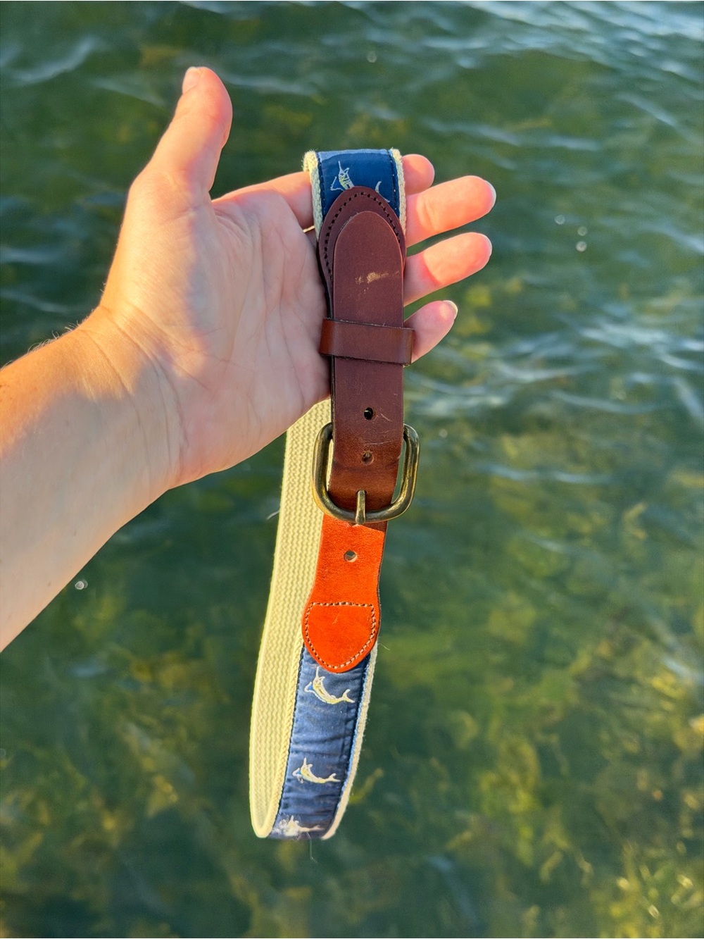 Men's Blue Canvas Belt with Brown Leather and Orange Accent - Nautical Print